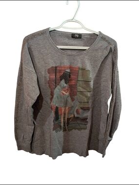 Gray Graphic Knit Sweater with Embellished Shoulders